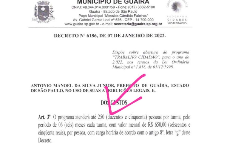 Em Guaíra: Programa Trabalho Cidadão beneficia menos famílias do que prevê decreto do prefeito