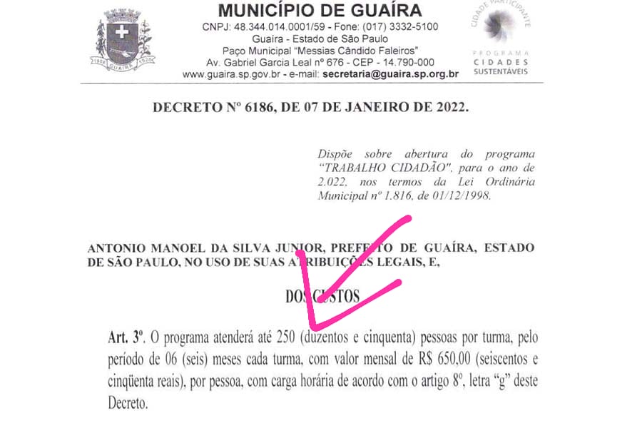 Em Guaíra: Programa Trabalho Cidadão beneficia menos famílias do que prevê decreto do prefeito