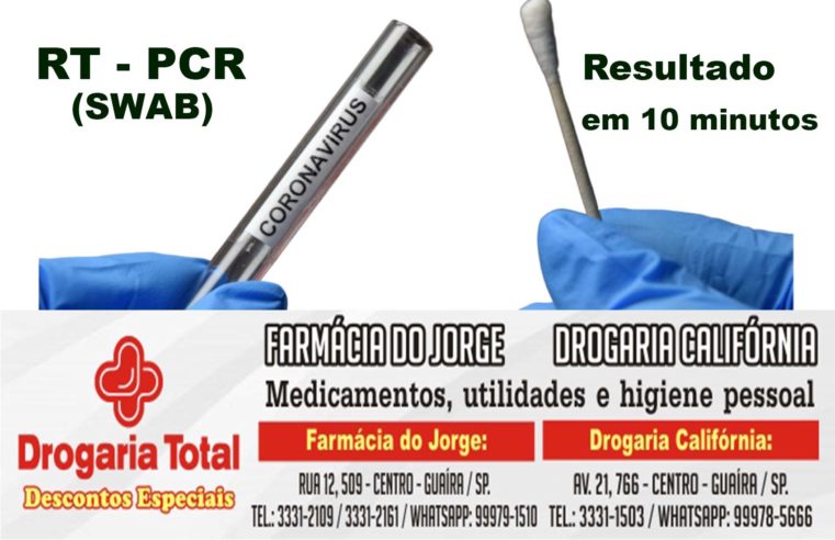 Faça seu teste RT-PCR da Covid-19 na Farmácia do Jorge e Drogaria Califórnia. Resultado em 10 minutos. Saber é tudo, inclusive para proteger as pessoas que você ama!!!