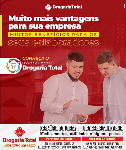 Faça parte do Convênio Empresa Drogaria Total. Em Guaíra, Farmácia do Jorge e Drogaria Califórnia