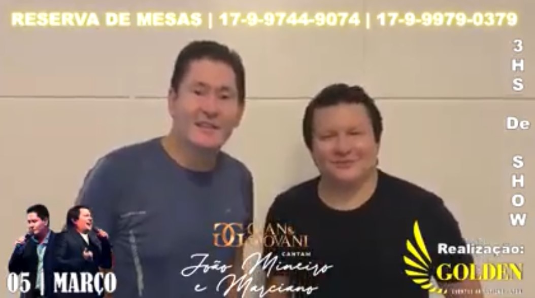 Está chegando a hora. Gian & Giovani, dia 5 de março, no Coliseu em Guaíra. Em comemoração ao Dia das Mulheres. Imperdível!! Mais de 3 horas de show. Ultimas mesas. Reserve a sua. Confira vídeo da dupla.