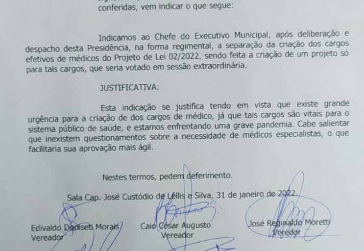 EM GUAIRA: VEREADORES APRESENTAM INDICAÇÃO SOLICITANDO AO PREFEITO DESMEMBRAMENTO DE PROJETO PARA FAVORECER A CONTRATAÇÃO DE NOVOS MÉDICOS