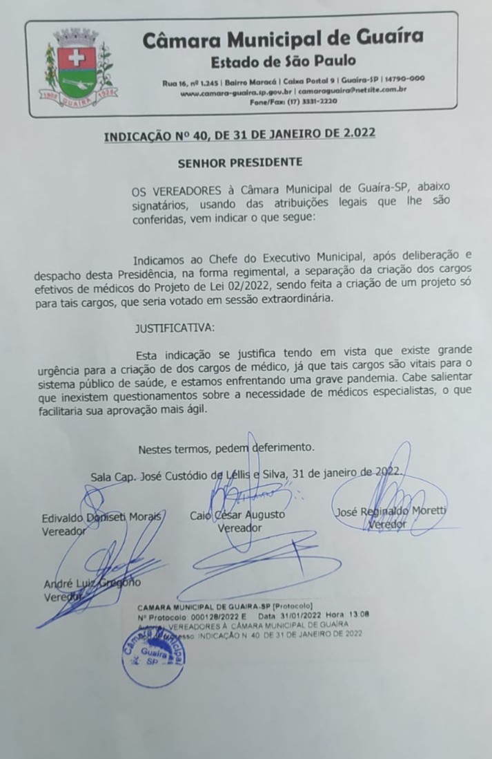 EM GUAIRA: VEREADORES APRESENTAM INDICAÇÃO SOLICITANDO AO PREFEITO DESMEMBRAMENTO DE PROJETO PARA FAVORECER A CONTRATAÇÃO DE NOVOS MÉDICOS