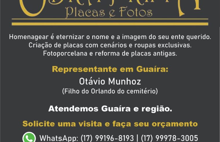 O Portal Guaíra Informa dá as boas-vindas a mais um parceiro comercial: OBRA PRIMA PLACAS E FOTOS – o carinho em homenagear seu ente querido. Obrigado ao Otávio e seu pai Orlando do Cemitério e toda equipe pela confiança.