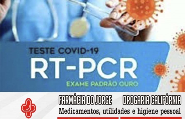 Cuide-se contra a Covid 19. Promoção em testes RT-PCR na Farmácia do Jorge e Drogaria Califórnia. Até 1º de março apenas R$ 90,00. Proteja a você e sua família. Não perca tempo.