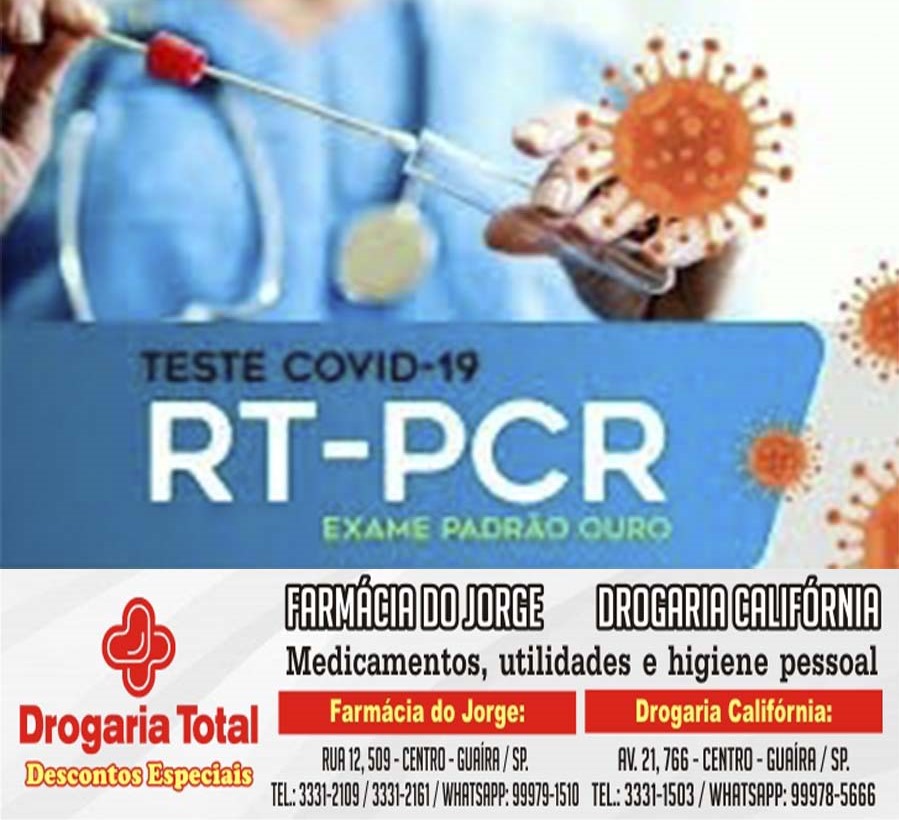 Cuide-se contra a Covid 19. Promoção em testes RT-PCR na Farmácia do Jorge e Drogaria Califórnia. Até 1º de março apenas R$ 90,00. Proteja a você e sua família. Não perca tempo.