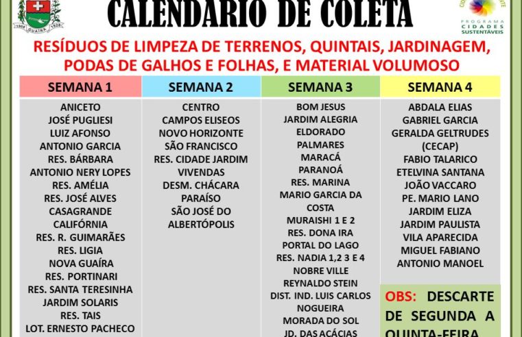 Em Guaíra: Prefeitura muda cronograma de coleta de lixo na cidade. Bairros terão 4 dias por mês para colocar detritos na rua. Conheça o novo calendário.