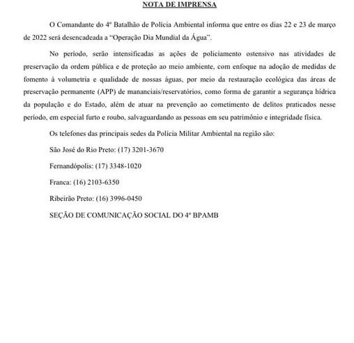 REGIÃO: DIAS 22 E 23 DE MARÇO POLÍCIA AMBIENTAL REALIZARÁ A OPERAÇÃO DIA MUNDIAL DA ÁGUA