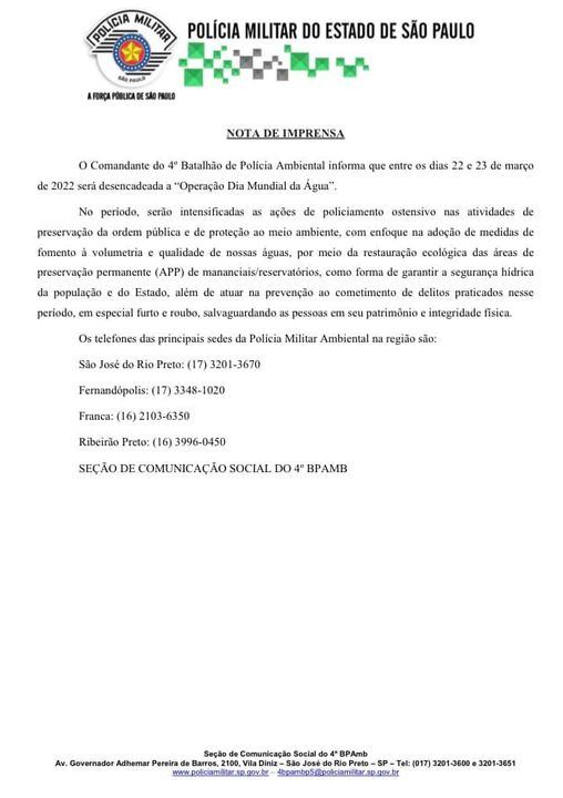 REGIÃO: DIAS 22 E 23 DE MARÇO POLÍCIA AMBIENTAL REALIZARÁ A OPERAÇÃO DIA MUNDIAL DA ÁGUA