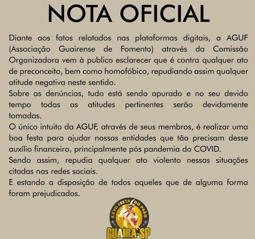 EM GUAÍRA: APÓS RECLAMAÇÕES E DENÚNCIAS, COMISSÃO EMITE NOTA OFICIAL SOBRE INCIDENTES NA FESTA DO PEÃO