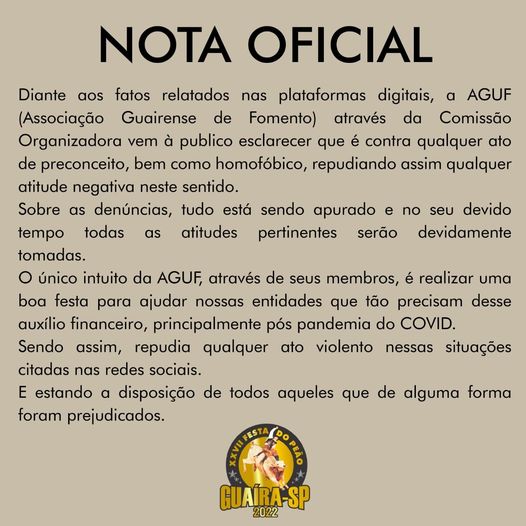 EM GUAÍRA: APÓS RECLAMAÇÕES E DENÚNCIAS, COMISSÃO EMITE NOTA OFICIAL SOBRE INCIDENTES NA FESTA DO PEÃO