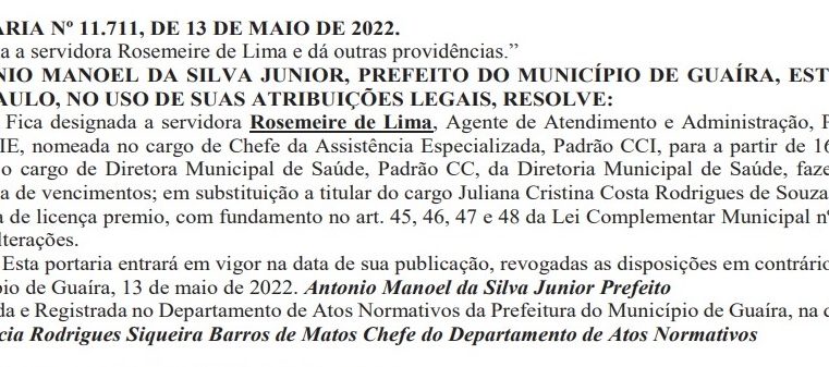 EM GUAÍRA: EXCLUSIVO: PREFEITO JUNÃO DESIGNA NOVA OCUPANTE PARA O CARGO DE DIRETORA MUNICIPAL DE SAÚDE