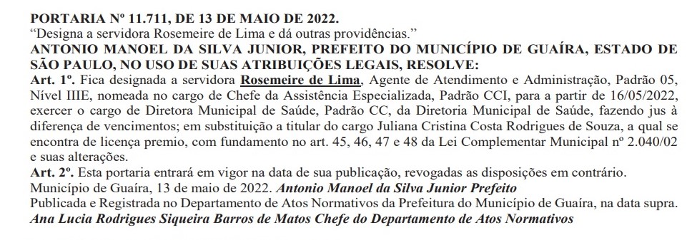 EM GUAÍRA: EXCLUSIVO: PREFEITO JUNÃO DESIGNA NOVA OCUPANTE PARA O CARGO DE DIRETORA MUNICIPAL DE SAÚDE