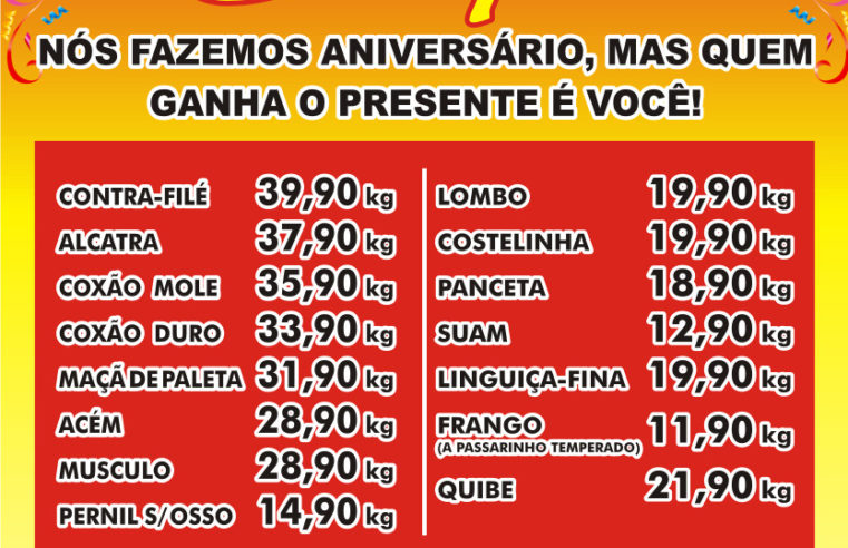 JUNHO: MÊS DE ANIVERSÁRIO DO AÇOUGUE TABAPUÃ E O PRESENTE É SEU. APROVEITE O MEGA LISTÃO DE PREÇOS BAIXOS!!!