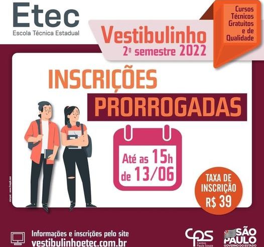 EM GUAÍRA: PRORROGADO PRAZO PARA INSCRIÇÕES PARA VESTIBULINHO 2022 DA ETEC