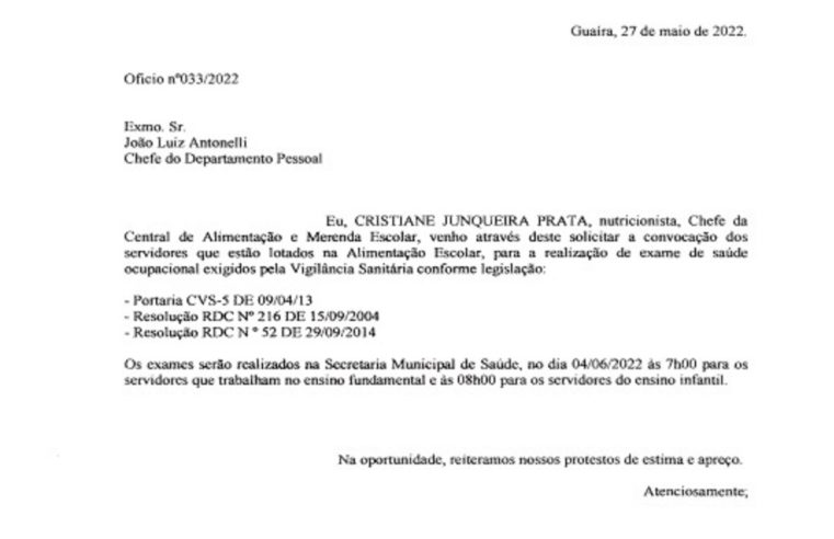 EM GUAÍRA: CUMPRINDO EXIGÊNCIA DA VIGILÂNCIA SANITÁRIA, PREFEITURA REALIZARÁ EXAMES DE SAÚDE OCUPACIONAL EM SERVIDORES DA EDUCAÇÃO