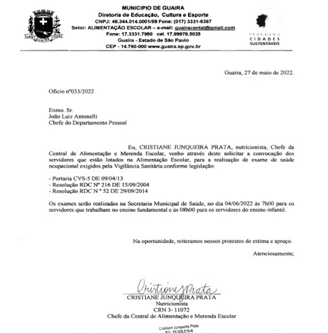 EM GUAÍRA: CUMPRINDO EXIGÊNCIA DA VIGILÂNCIA SANITÁRIA, PREFEITURA REALIZARÁ EXAMES DE SAÚDE OCUPACIONAL EM SERVIDORES DA EDUCAÇÃO