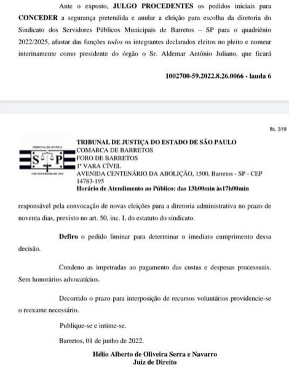 EM BARRETOS: JUSTIÇA ANULA ELEIÇÃO DO SINDICATO DOS SERVIDORES PÚBLICOS MUNICIPAIS