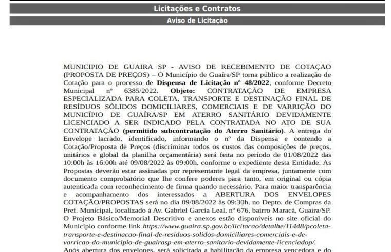 EM GUAÍRA: APÓS DECRETO DE EMERGENCIA, COTAÇÃO PARA COLETA DO LIXO SERÁ DIA 9 DE AGOSTO