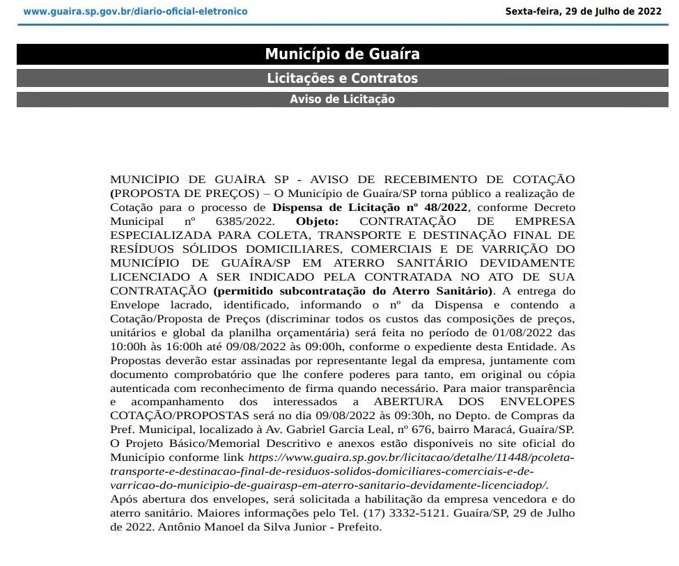 EM GUAÍRA: APÓS DECRETO DE EMERGENCIA, COTAÇÃO PARA COLETA DO LIXO SERÁ DIA 9 DE AGOSTO