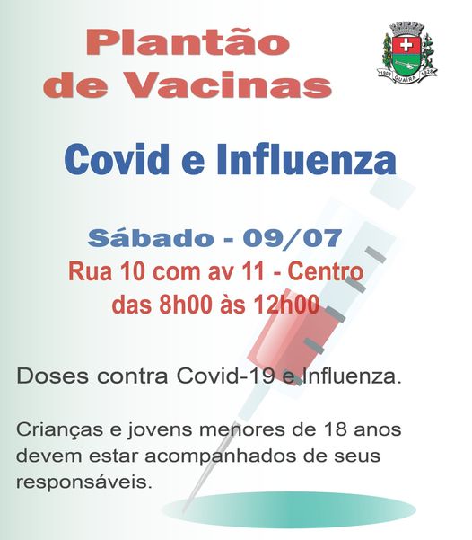 EM GUAÍRA: NESTE SÁBADO TEM PLANTÃO VACINAL CONTRA GRIPE E COVID NO CENTRO DA CIDADE