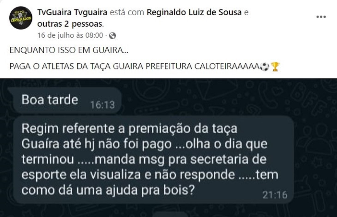 EM GUAÍRA: PÁGINA DENUNCIA FALTA DE PAGAMENTO DA PREMIAÇÃO DA TAÇA GUAÍRA