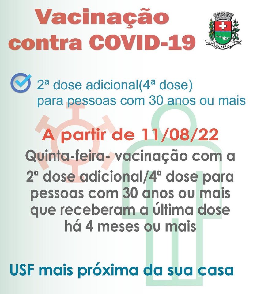 EM GUAÍRA: COMEÇA HOJE APLICAÇÃO DA 4ª DOSE CONTRA COVID PARA PESSOAS COM 30 ANOS OU MAIS