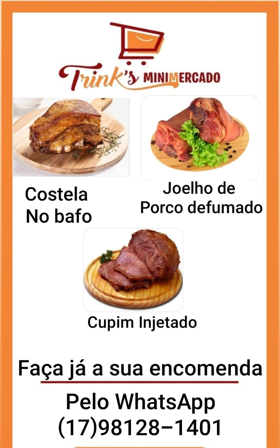 FIM DE SEMANA, PEDE ASSADOS DELICIOSOS. TRINK´S MINIMERCADO. FAÇA SUA ENCOMENDA!!!