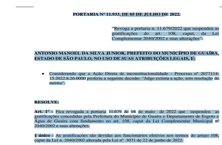 EM GUAÍRA: PREFEITURA REVOGA PORTARIA QUE SUSPENDEU PAGAMENTO DE GRATIFICAÇÕES A SERVIDORES