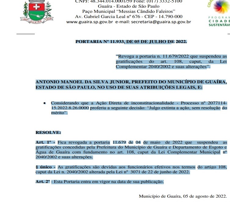EM GUAÍRA: PREFEITURA REVOGA PORTARIA QUE SUSPENDEU PAGAMENTO DE GRATIFICAÇÕES A SERVIDORES