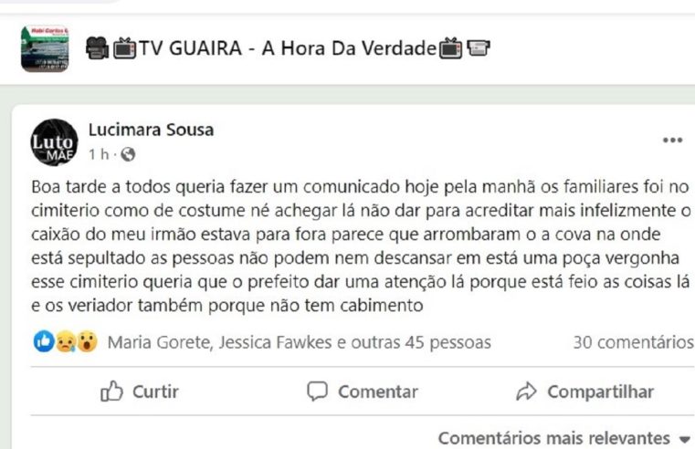 EM GUAÍRA: FAMÍLIA DENUNCIA VIOLAÇÃO DE TÚMULO NO CEMITÉRIO MUNICIPAL