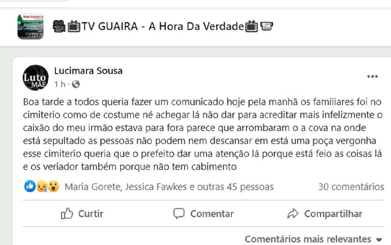 EM GUAÍRA: FAMÍLIA DENUNCIA VIOLAÇÃO DE TÚMULO NO CEMITÉRIO MUNICIPAL