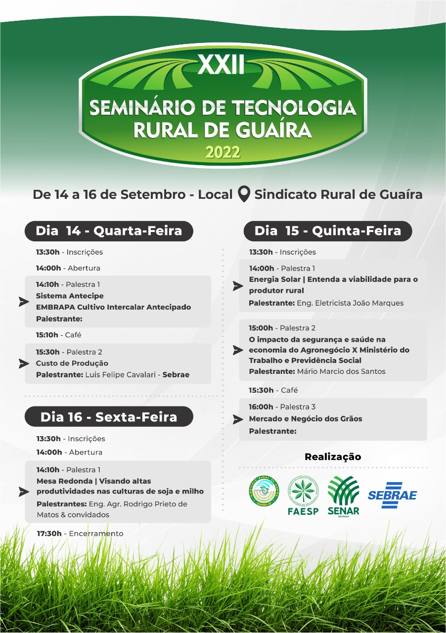 COMEÇA NESTA QUARTA-FEIRA, 14, O 22º SEMINÁRIO DE TECNOLOGIA RURAL DE GUAÍRA