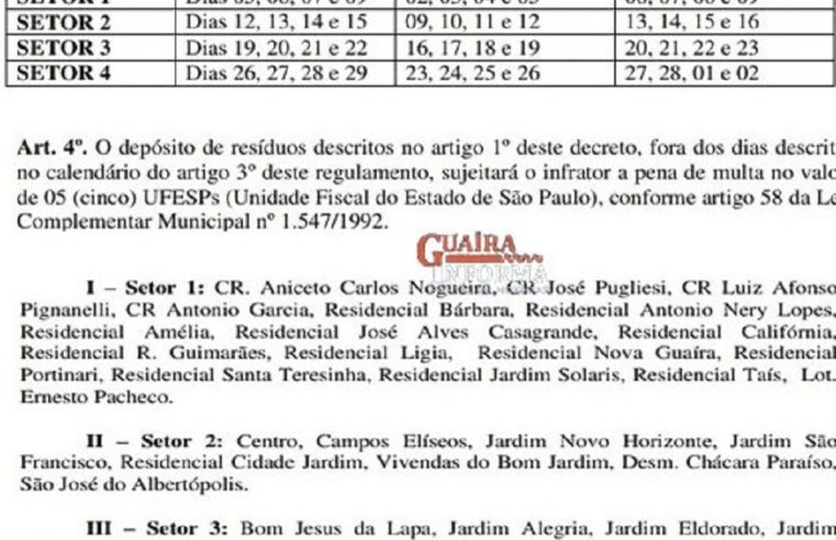 ATENÇÃO: HOJE COMEÇA A FUNCIONAR NOVO SISTEMA DE COLETA DE DETRITOS EM GUAÍRA