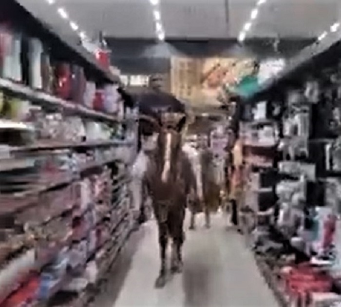 HOMEM ENTRA EM SUPERMERCADO MONTADO A CAVALO E É RETIRADO POR SEGURANÇAS; VÍDEO