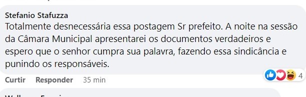 VEREADOR STEFANIO REBATE DECLARAÇÕES DO PREFEITO JUNÃO E DIZ QUE APRESENTARÁ DOCUMENTOS DURANTE SESSÃO DA CÂMARA