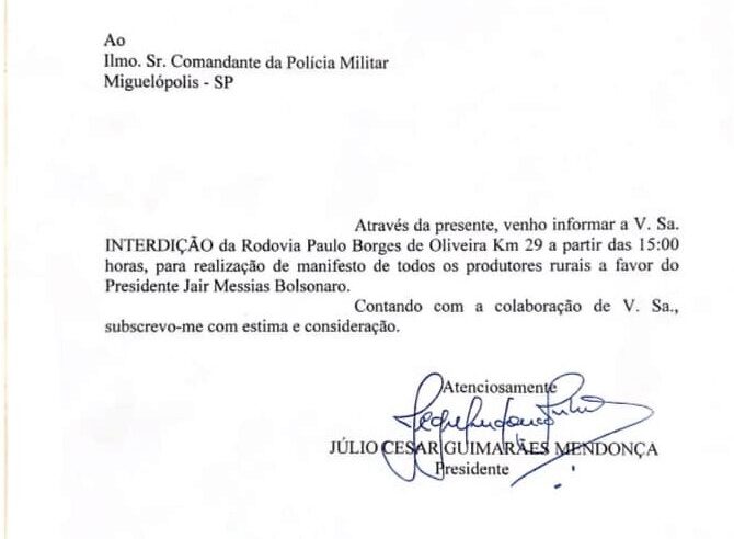 ATENÇÃO: SINDICATO RURAL DE MIGUELÓPOLIS INFORMA INTERDIÇÃO DE RODOVIA A PARTIR DAS 15HRS DE HOJE