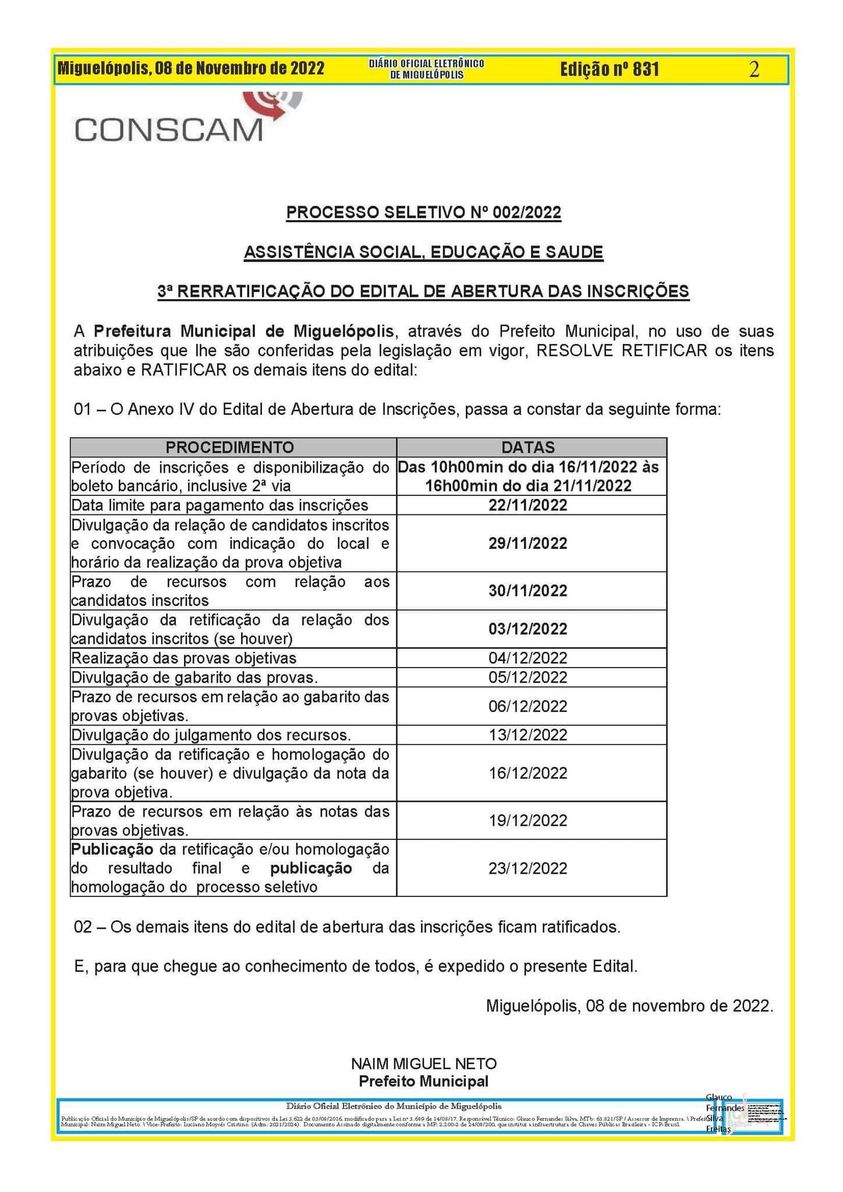 ATENÇÃO: PREFEITURA DE MIGUELÓPOLIS REABRE INSCRIÇÕES PARA PROCESSO SELETIVO