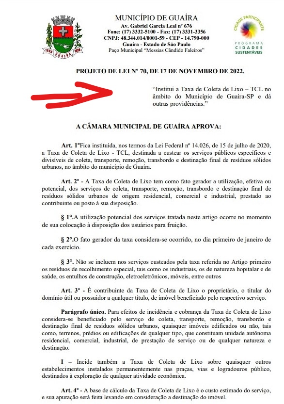 TAXA DO LIXO: PORTAL GUAIRA INFORMA DISPONIBILIZA ÍNTEGRA DO PROJETO DO PREFEITO JUNÃO QUE INSTITUI TRIBUTO NO MUNICÍPIO