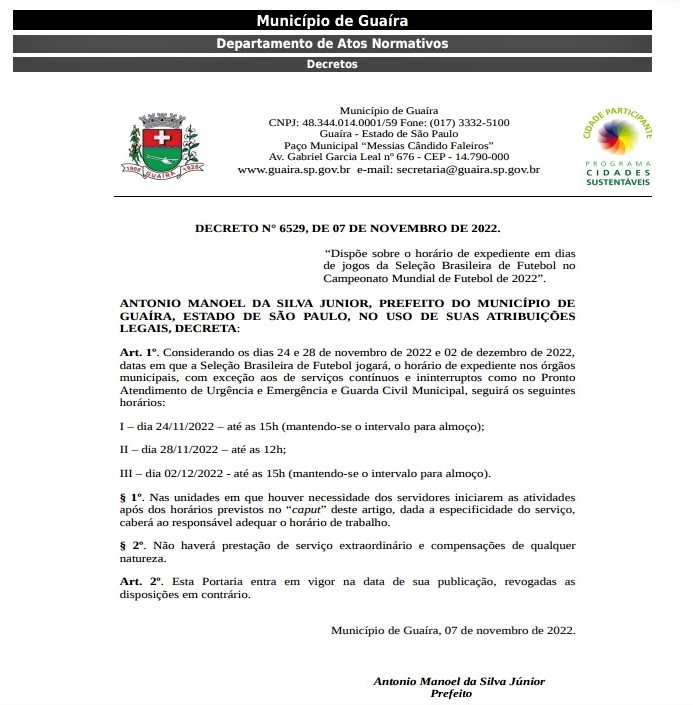 Prefeitura adota horários especiais nos dias de jogos da Seleção Brasileira  na Copa do Mundo 2022, Geral