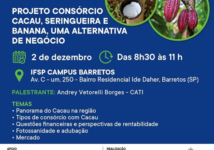 BARRETOS SEDIA NESTA SEXTA-FEIRA, 2, PALESTRA SOBRE CULTIVO DE CACAU NA REGIÃO