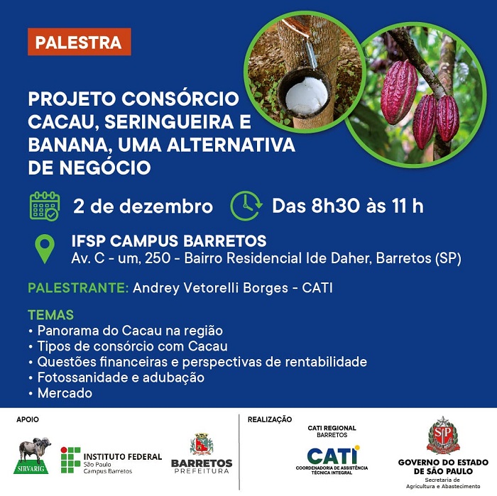 BARRETOS SEDIA NESTA SEXTA-FEIRA, 2, PALESTRA SOBRE CULTIVO DE CACAU NA REGIÃO