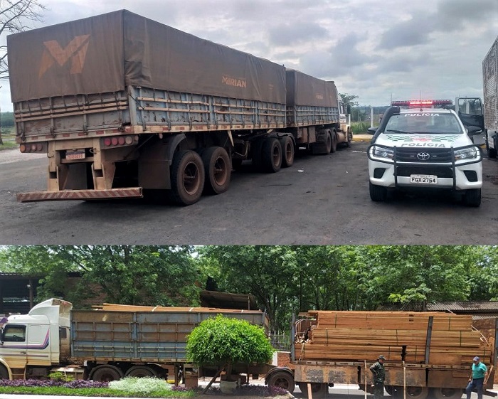 POLÍCIA AMBIENTAL SURPREENDE CARRETA COM CARREGAMENTO ILEGAL DE MADEIRA