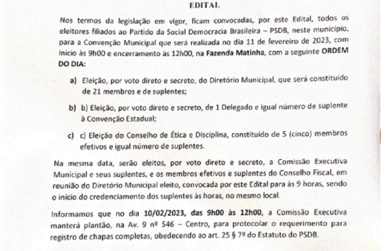 O DIRETÓRIO MUNICIPAL DO PSDB-GUAÍRA, TORNA PÚBLICO EDITAL DA CONVENÇÃO PARTIDÁRIA A SER REALIZADA EM 11 DE FEVEREIRO