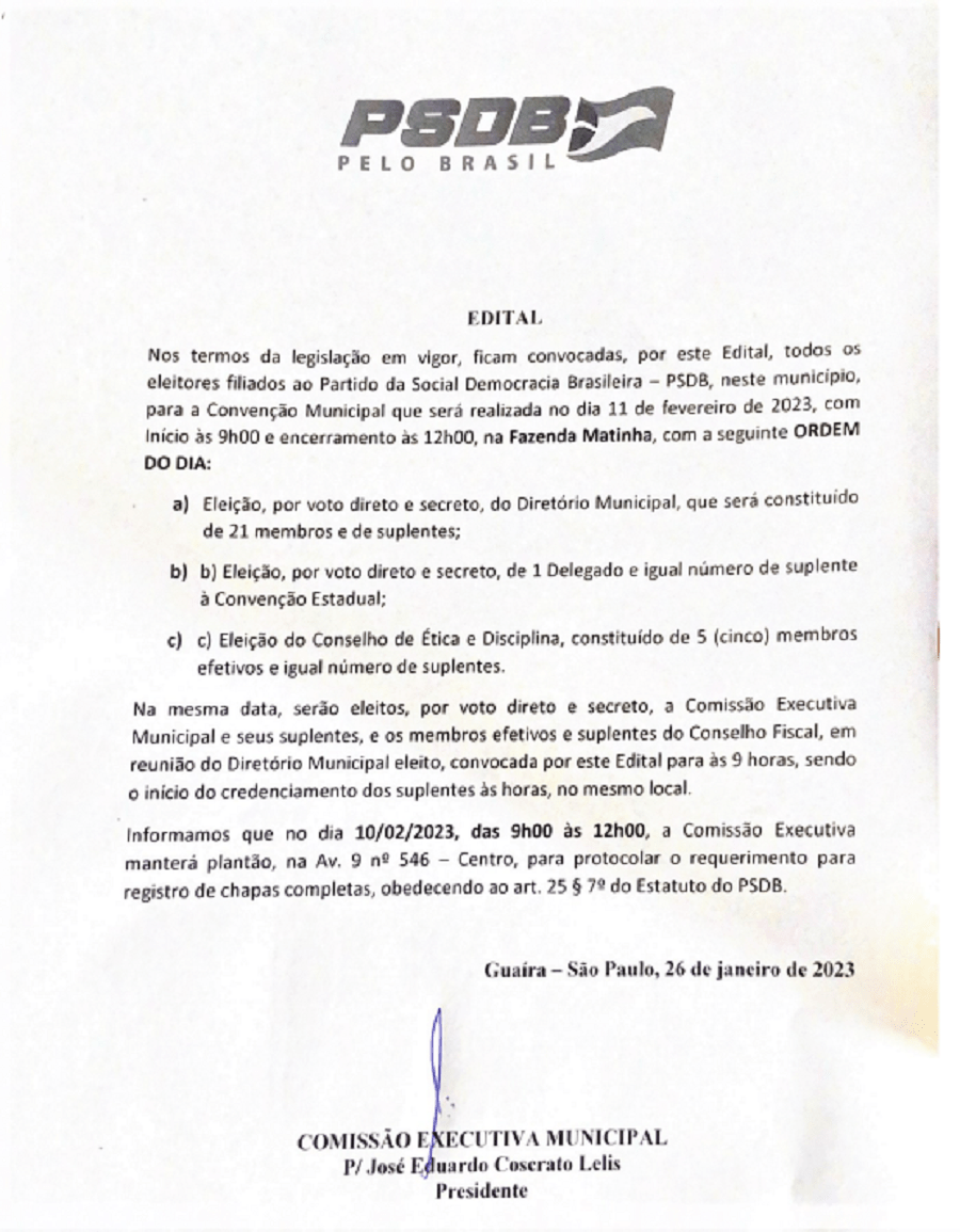 O DIRETÓRIO MUNICIPAL DO PSDB-GUAÍRA, TORNA PÚBLICO EDITAL DA CONVENÇÃO PARTIDÁRIA A SER REALIZADA EM 11 DE FEVEREIRO