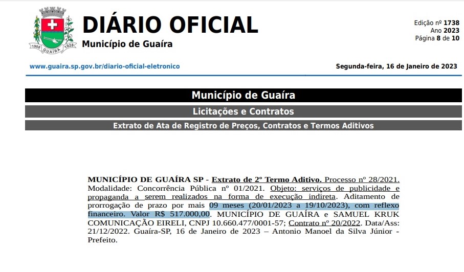 PREFEITURA DE GUAÍRA VAI GASTAR MAIS MEIO MILHÃO DE REAIS EM PROPAGANDA EM 2023