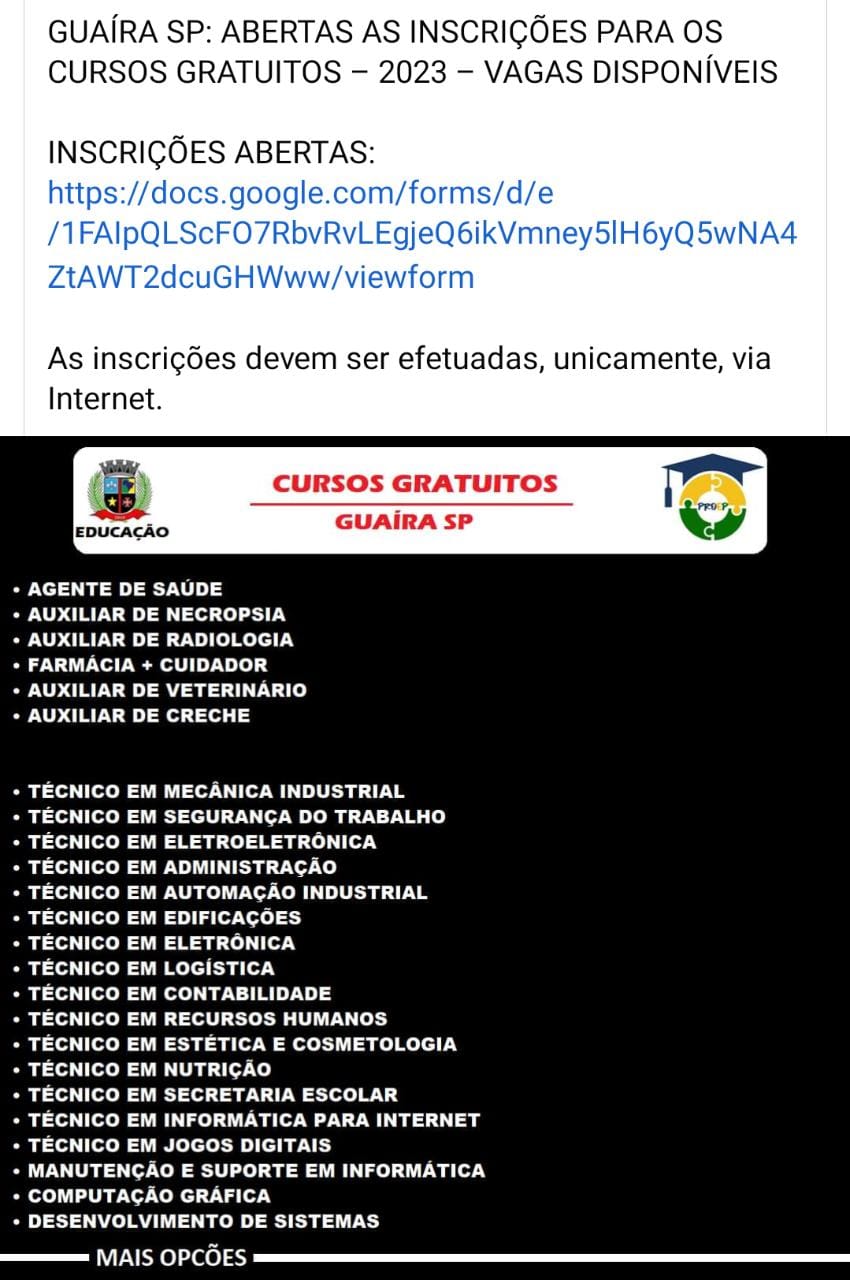 ALERTA: PREFEITURA DE GUAÍRA ESCLARECE QUE NÃO TEM VÍNCULO COM CURSOS GRATUITOS ANUNCIADOS EM REDES SOCIAIS