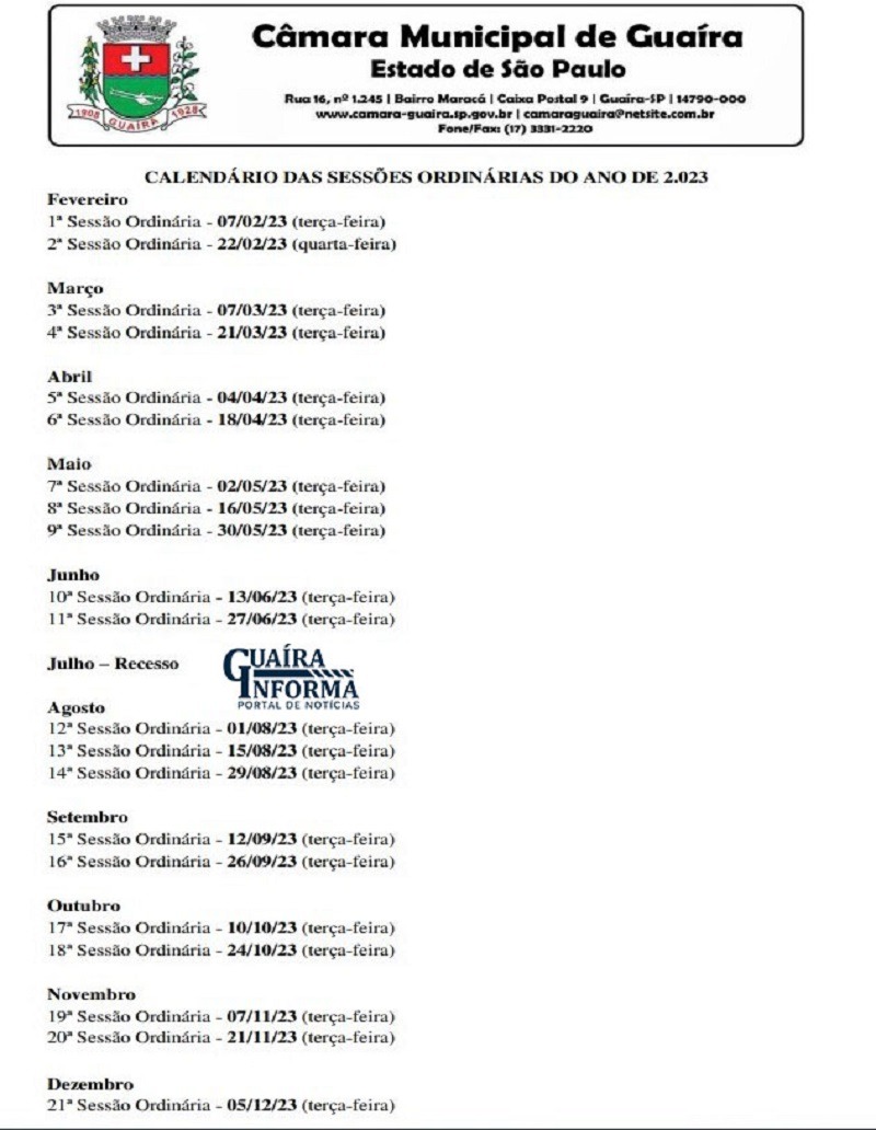 CONFIRA CALENDÁRIO DAS SESSÕES ORDINÁRIAS DE 2023 DA CÂMARA DE GUAÍRA