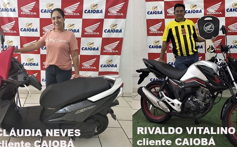 MAIS E MAIS CLIENTES REALIZAM SEUS SONHOS NA CAIOBÁ GUAÍRA. CLÁUDIA NEVES COM SUA ELITE 125 CC E, CONTEMPLADO PELO CONSÓRCIO, RIVALDO VITALINO COM SUA TITAN 160 CC. FALE COM A ANDRÉIA E, TAMBÉM, REALIZE SEUS SONHOS!!!