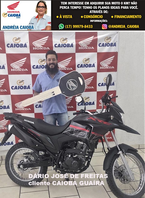 REALIZANDO SONHOS. DARIO JOSÉ DE FREITAS COM SUA HONDA XRE 190 CC 0 KM. MAIS UM CLIENTE DO CONSÓRCIO HONDA CAIOBÁ. VENHA VOCÊ TAMBÉM CONQUISTAR SUA LIBERDADE NA CAIOBÁ GUAÍRA. FALE COM A ANDRÉIA, SEMPRE COM AS MELHORES OPÇÕES PARA VOCÊ!!!